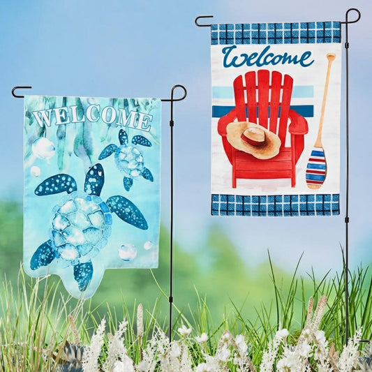 Nature-Themed Welcome Garden Flag With Stake – Turtle or Beach Chair